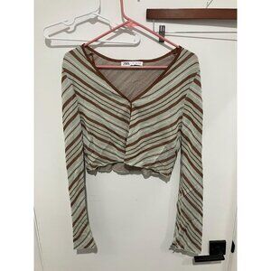 Zara Women's Striped Knit Long Sleeve Crop Top, Teal/Brown, Size Large